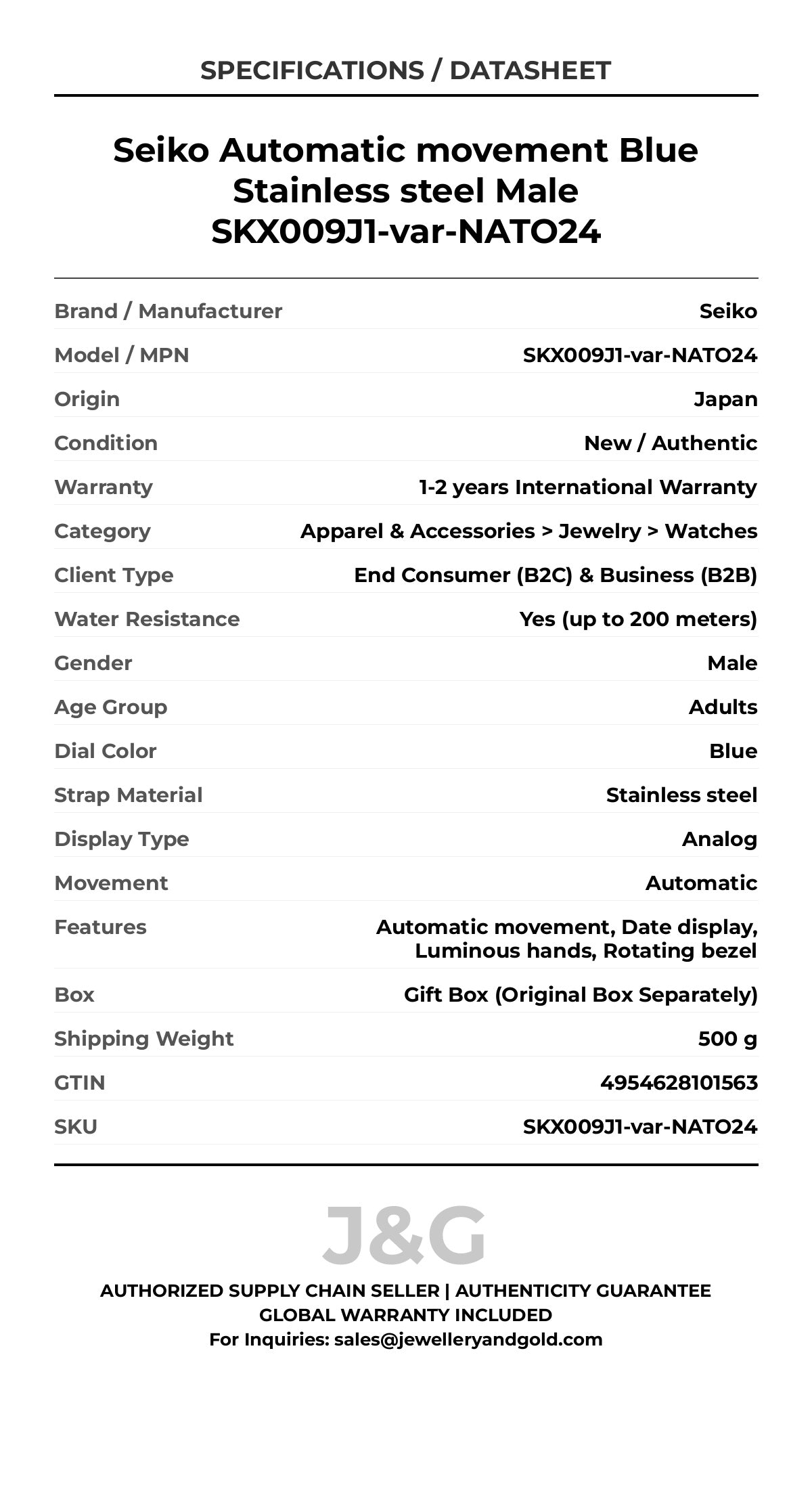 Seiko Automatic movement Blue Stainless steel Male SKX009J1-var-NATO24 - Specifications