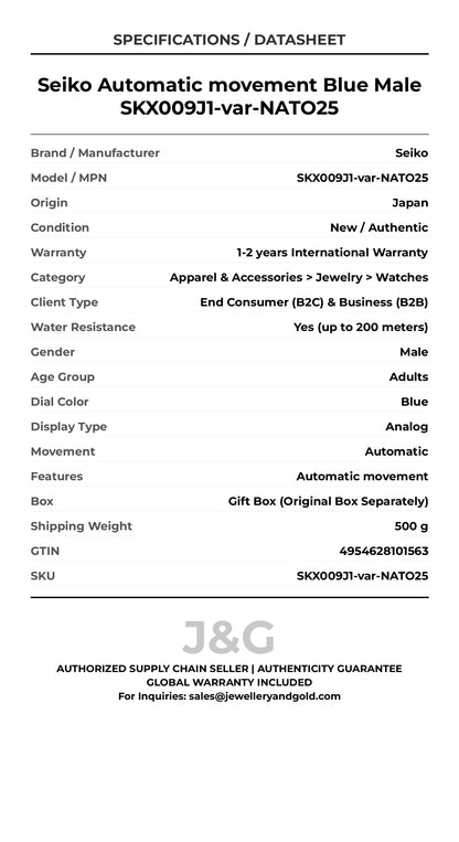 Seiko Automatic movement Blue Male SKX009J1-var-NATO25 - Specifications