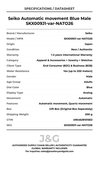 Seiko Automatic movement Blue Male SKX009J1-var-NATO26 - Specifications