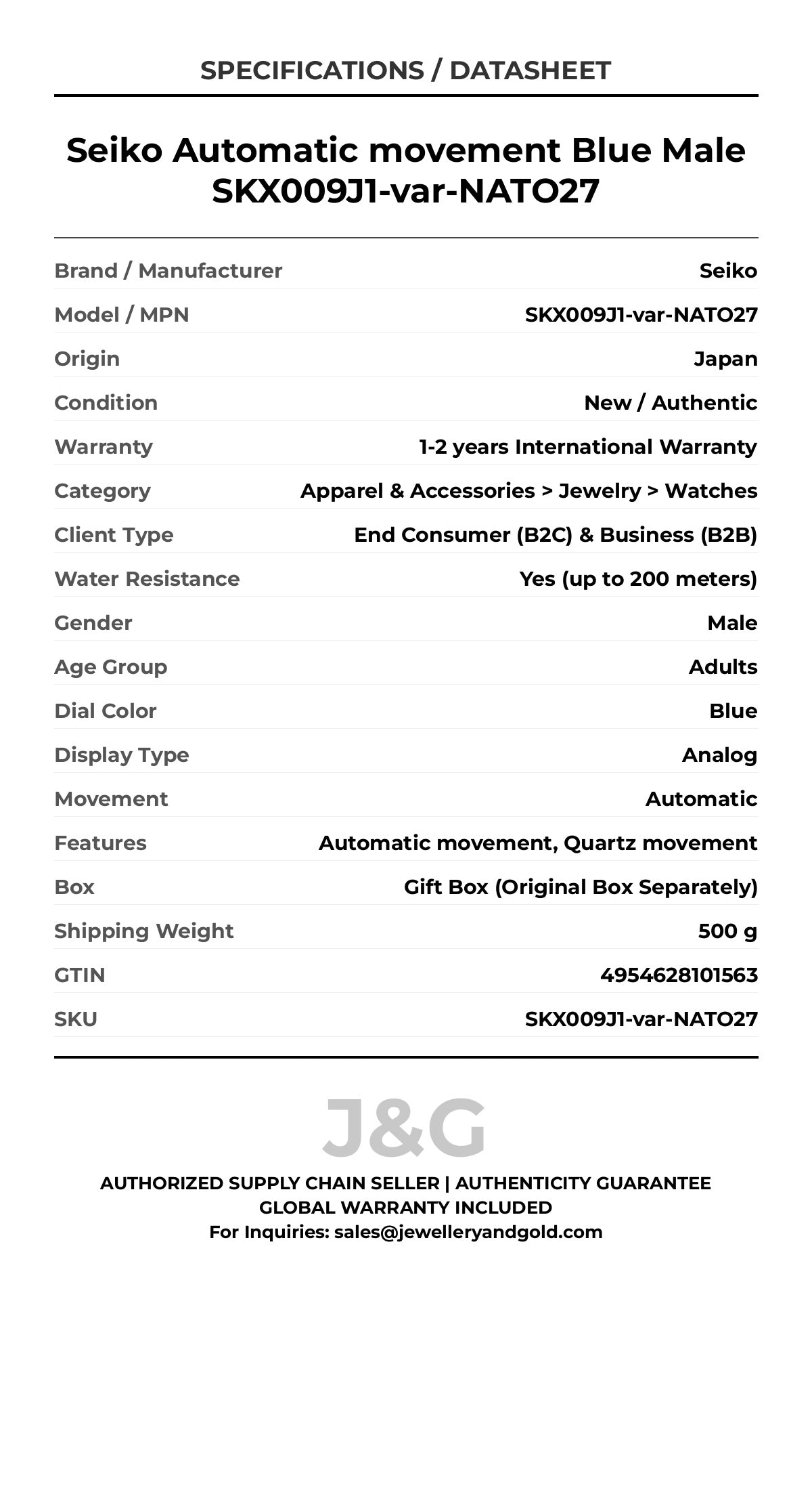 Seiko Automatic movement Blue Male SKX009J1-var-NATO27 - Specifications