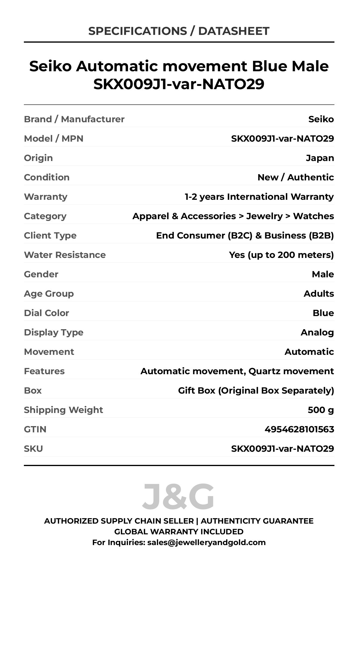 Seiko Automatic movement Blue Male SKX009J1-var-NATO29 - Specifications