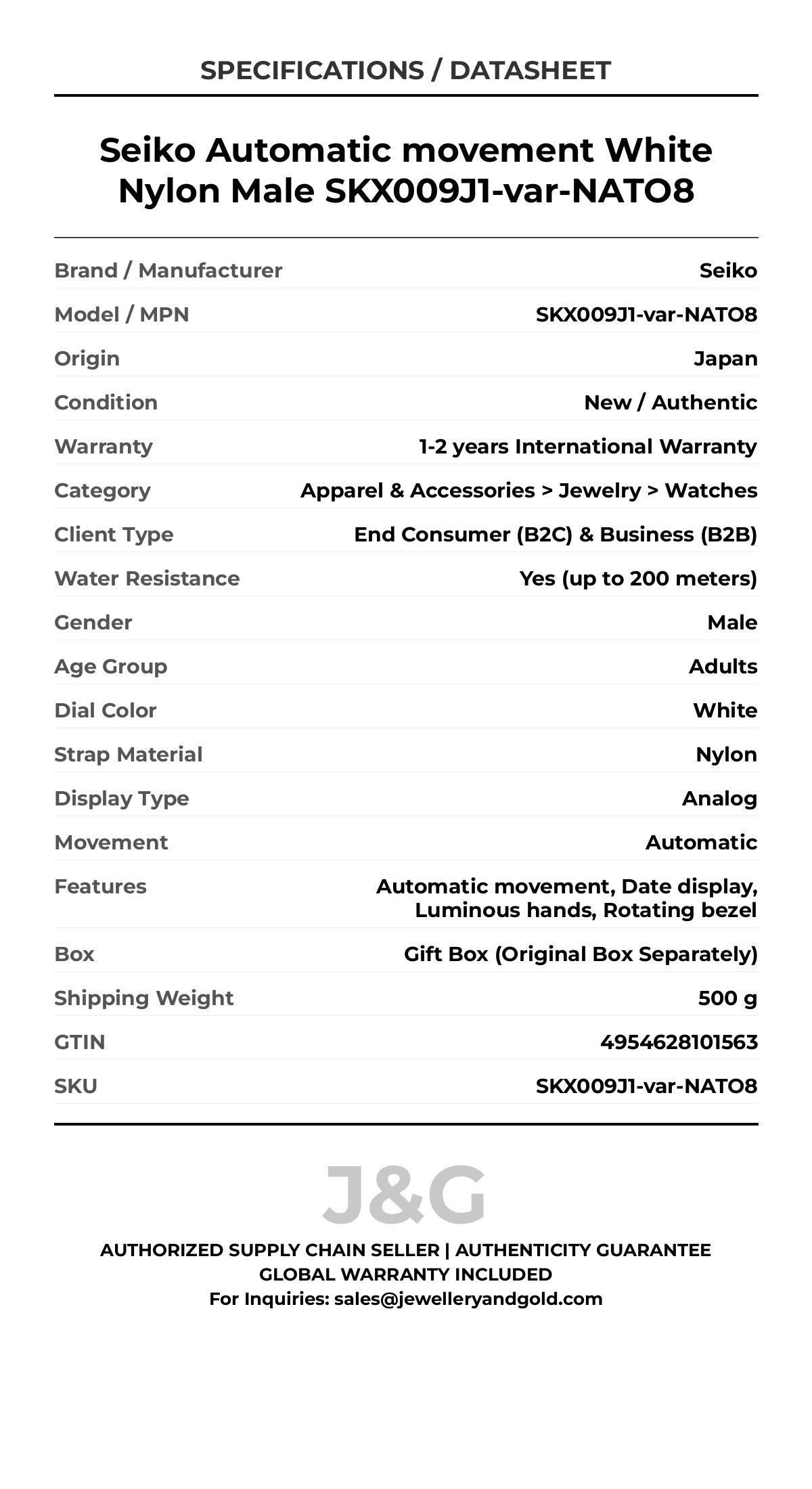 Seiko Automatic movement White Nylon Male SKX009J1-var-NATO8 - Specifications