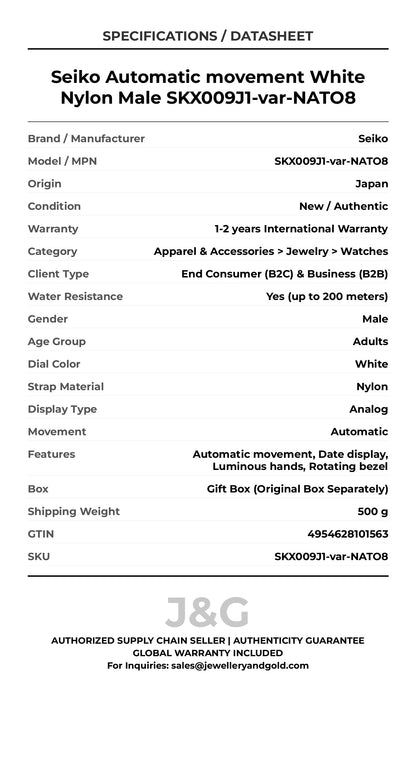 Seiko Automatic movement White Nylon Male SKX009J1-var-NATO8 - Specifications