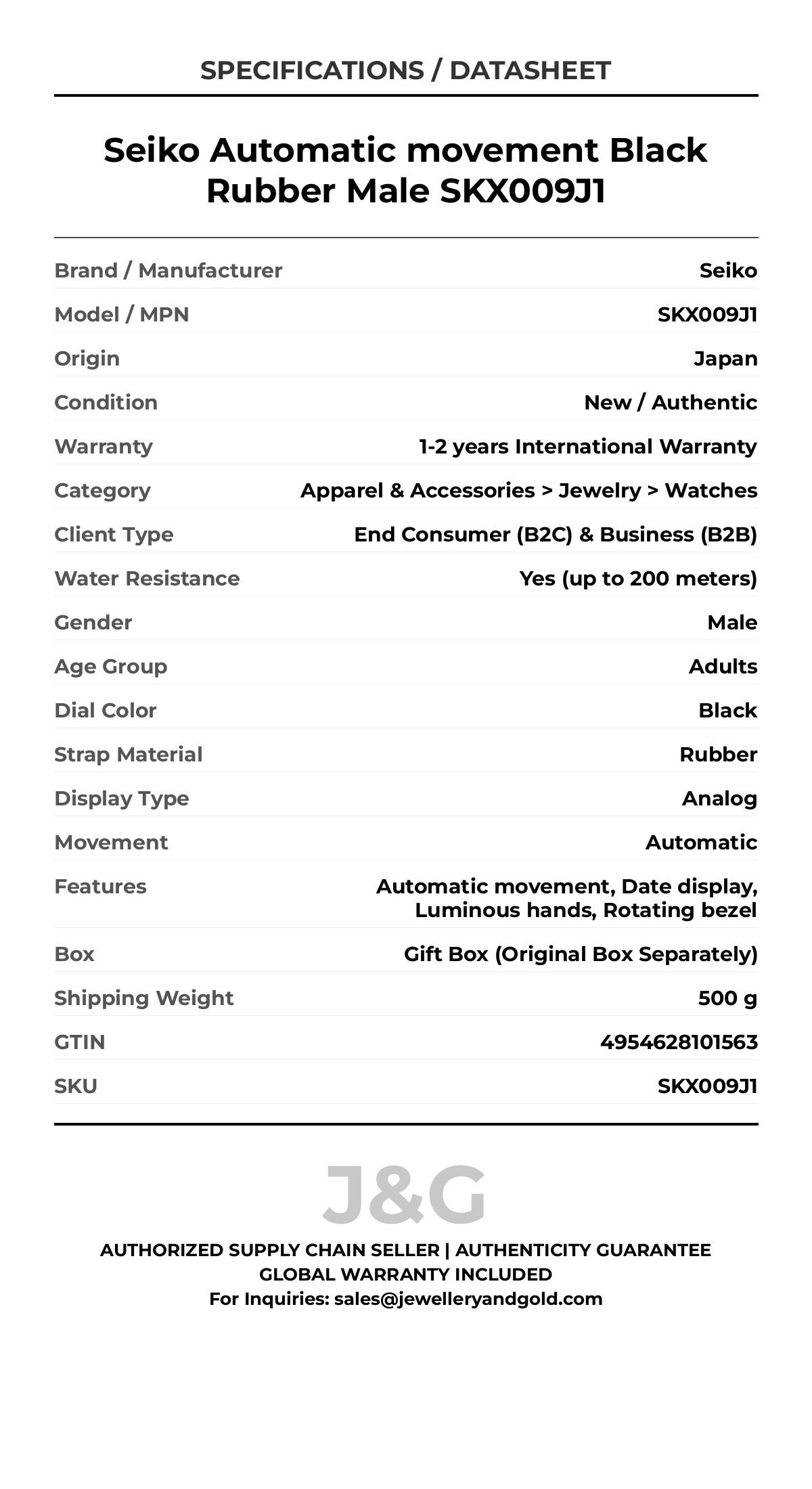 Seiko Automatic movement Black Rubber Male SKX009J1 - Specifications