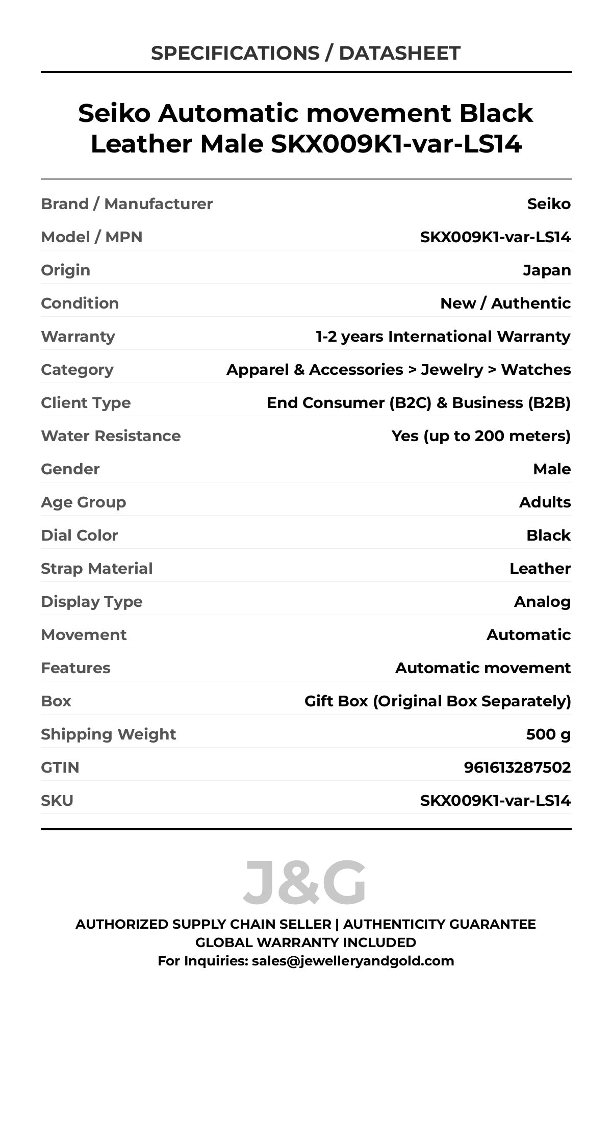 Seiko Automatic movement Black Leather Male SKX009K1-var-LS14 - Specifications
