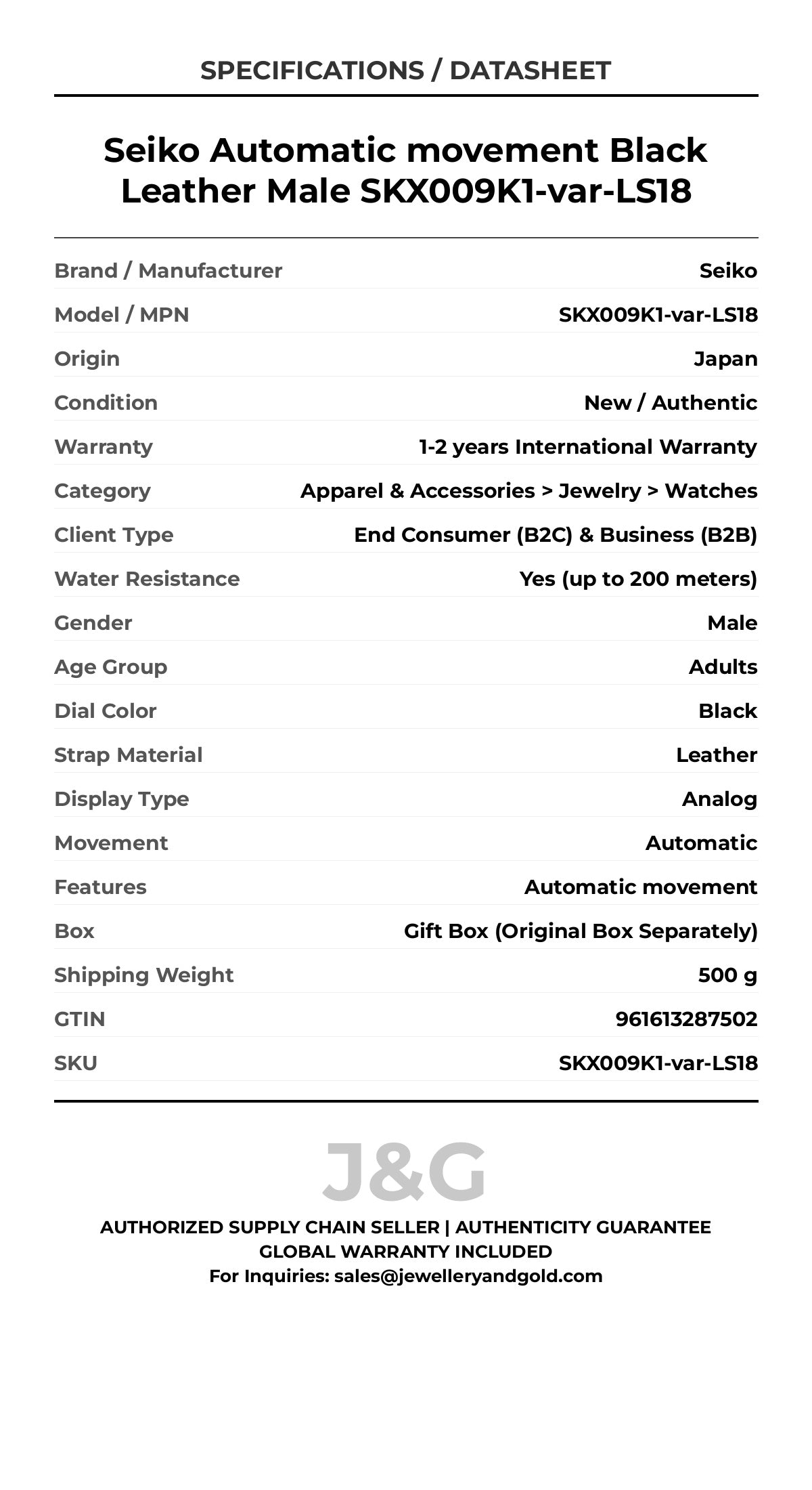 Seiko Automatic movement Black Leather Male SKX009K1-var-LS18 - Specifications