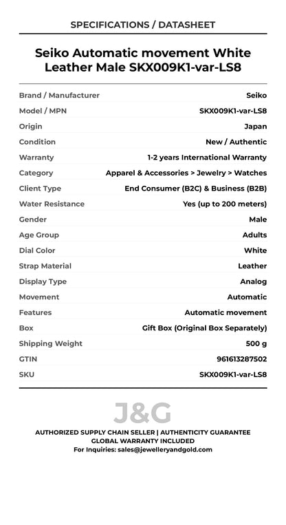 Seiko Automatic movement White Leather Male SKX009K1-var-LS8 - Specifications