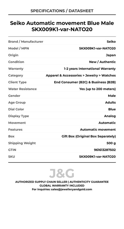 Seiko Automatic movement Blue Male SKX009K1-var-NATO20 - Specifications