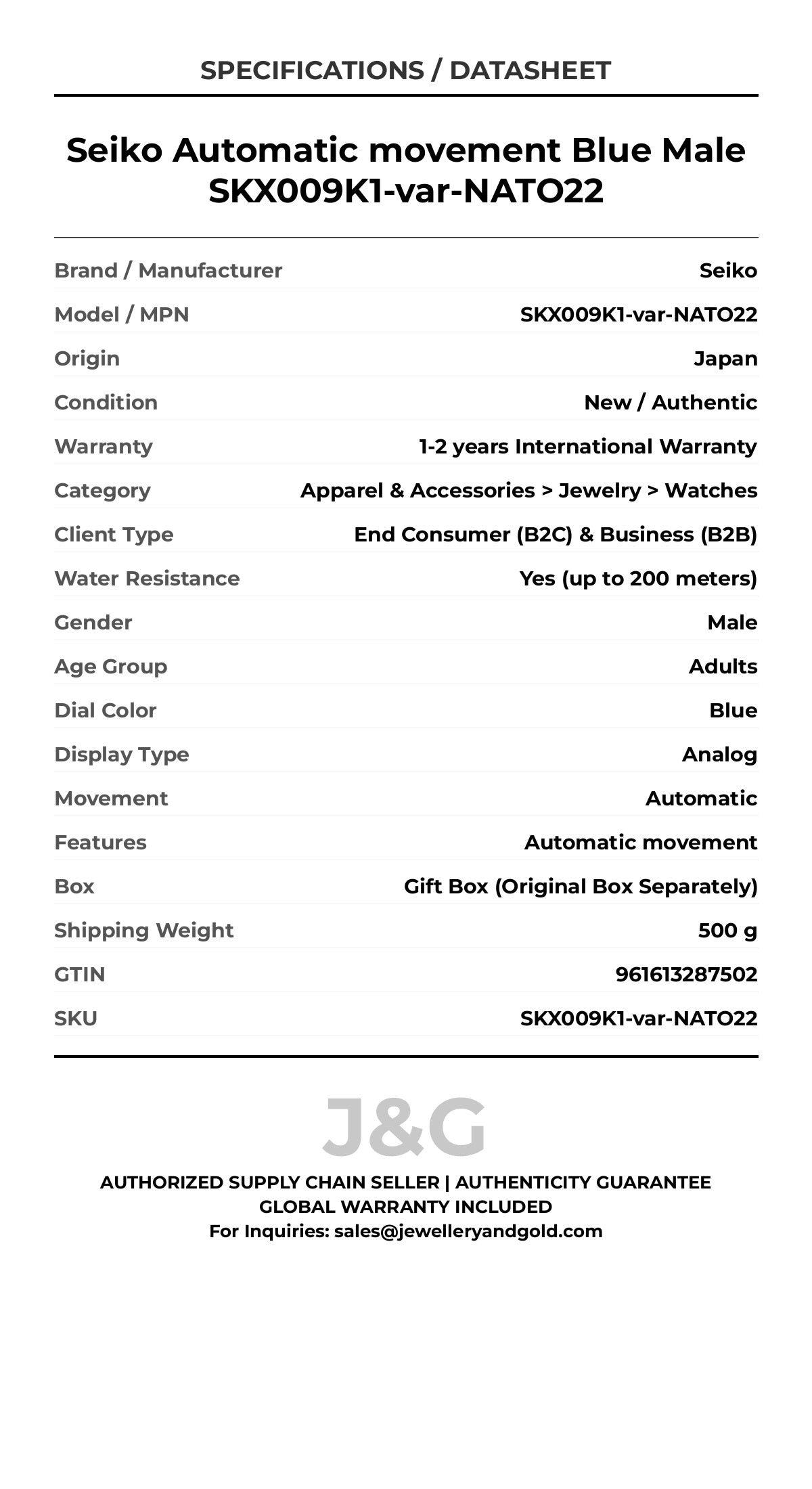 Seiko Automatic movement Blue Male SKX009K1-var-NATO22 - Specifications