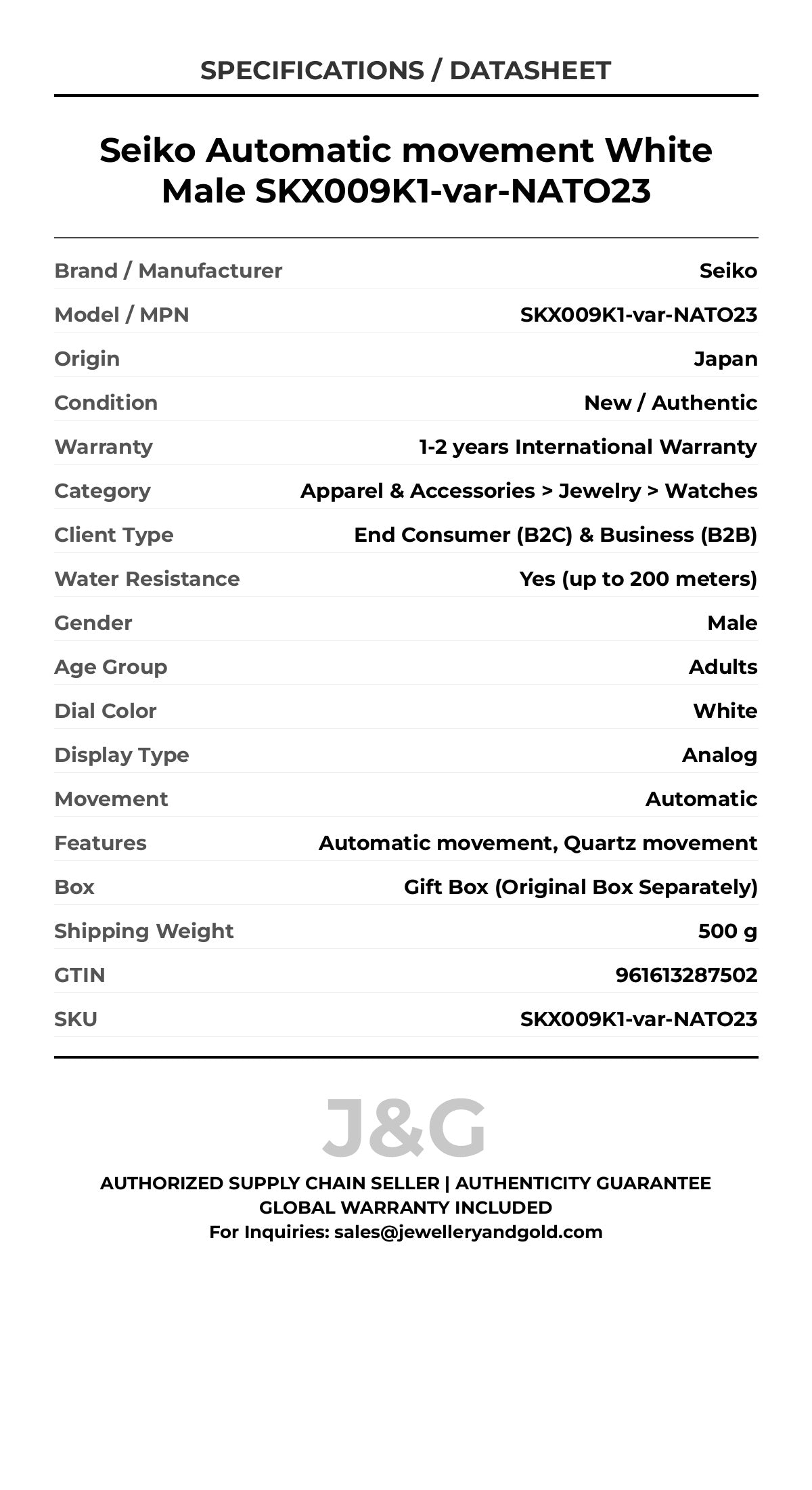 Seiko Automatic movement White Male SKX009K1-var-NATO23 - Specifications