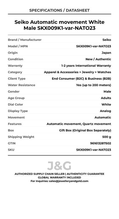 Seiko Automatic movement White Male SKX009K1-var-NATO23 - Specifications