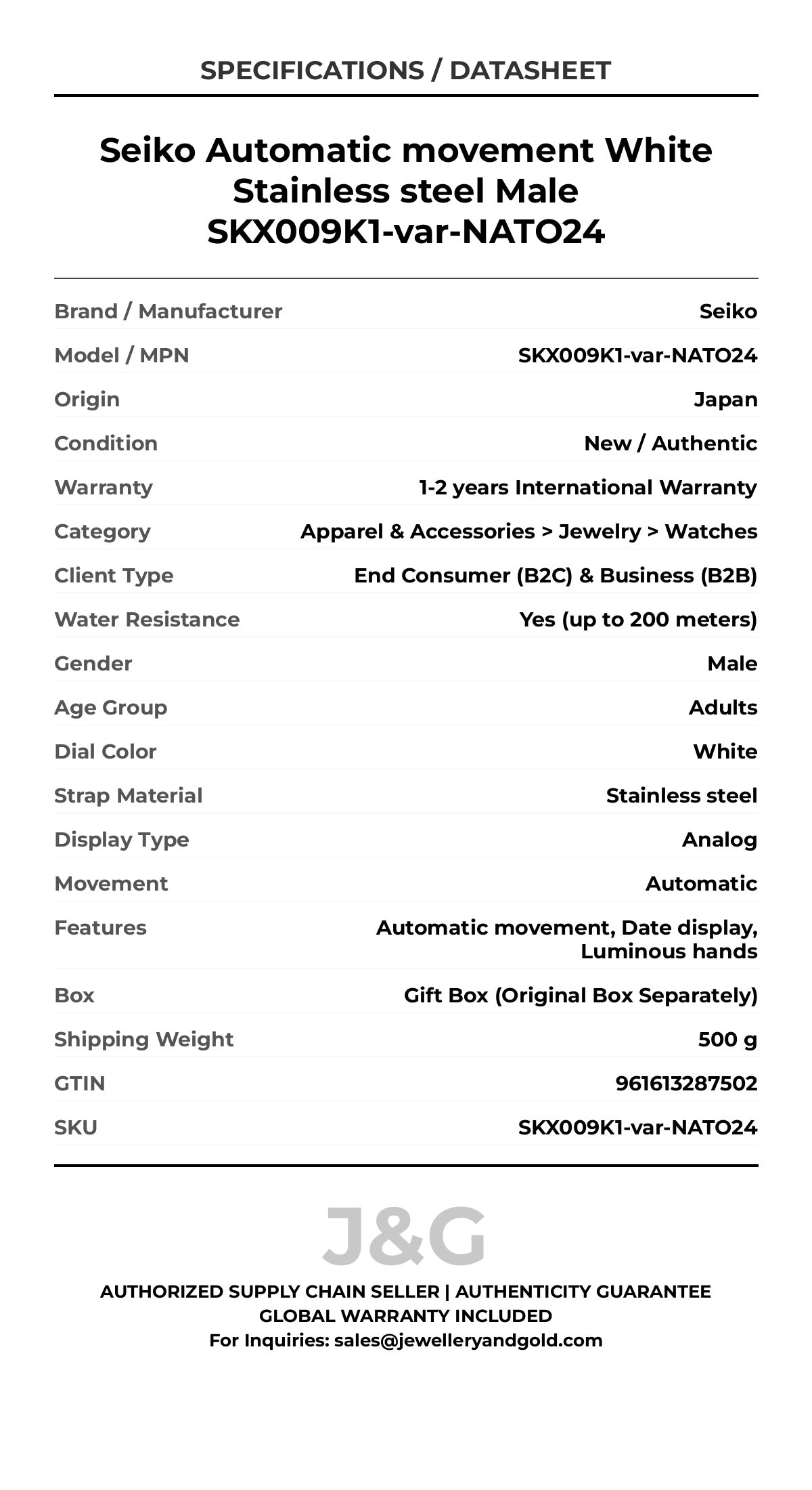 Seiko Automatic movement White Stainless steel Male SKX009K1-var-NATO24 - Specifications