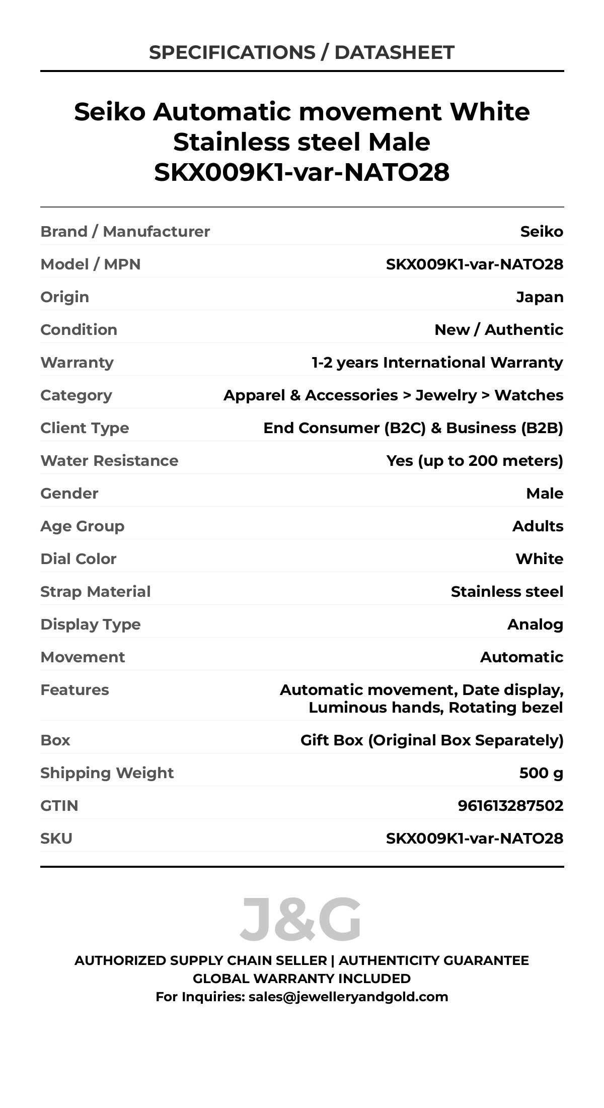 Seiko Automatic movement White Stainless steel Male SKX009K1-var-NATO28 - Specifications
