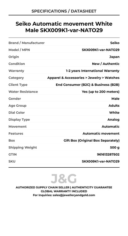 Seiko Automatic movement White Male SKX009K1-var-NATO29 - Specifications