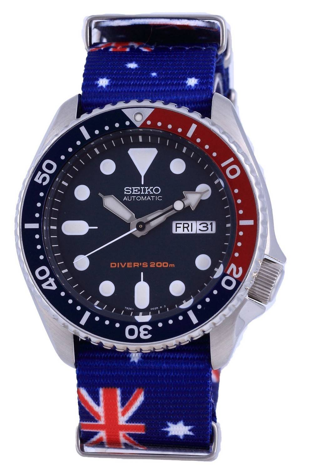 Seiko Automatic movement White Male SKX009K1-var-NATO30. A brand-new Seiko watch featuring a White dial. Side view.