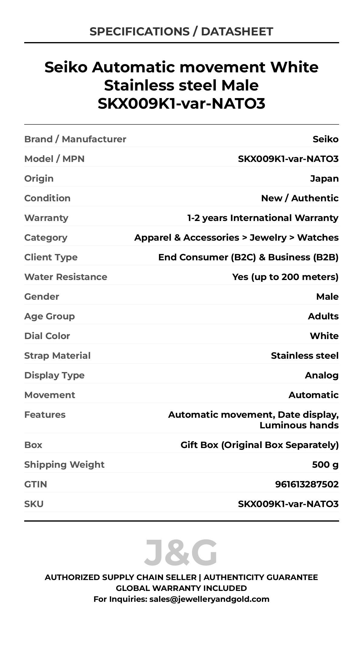 Seiko Automatic movement White Stainless steel Male SKX009K1-var-NATO3 - Specifications