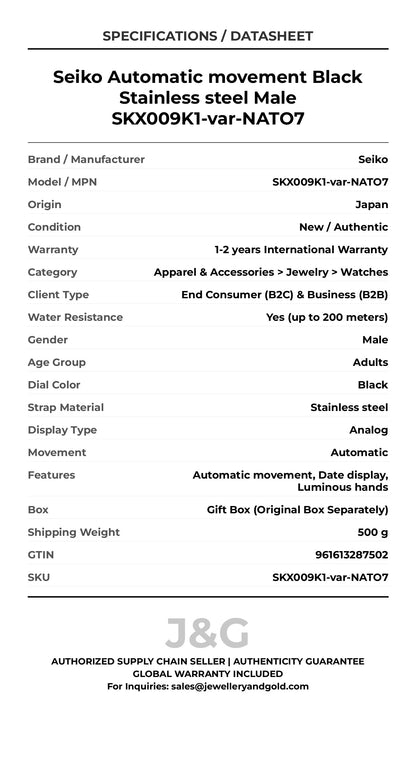 Seiko Automatic movement Black Stainless steel Male SKX009K1-var-NATO7 - Specifications