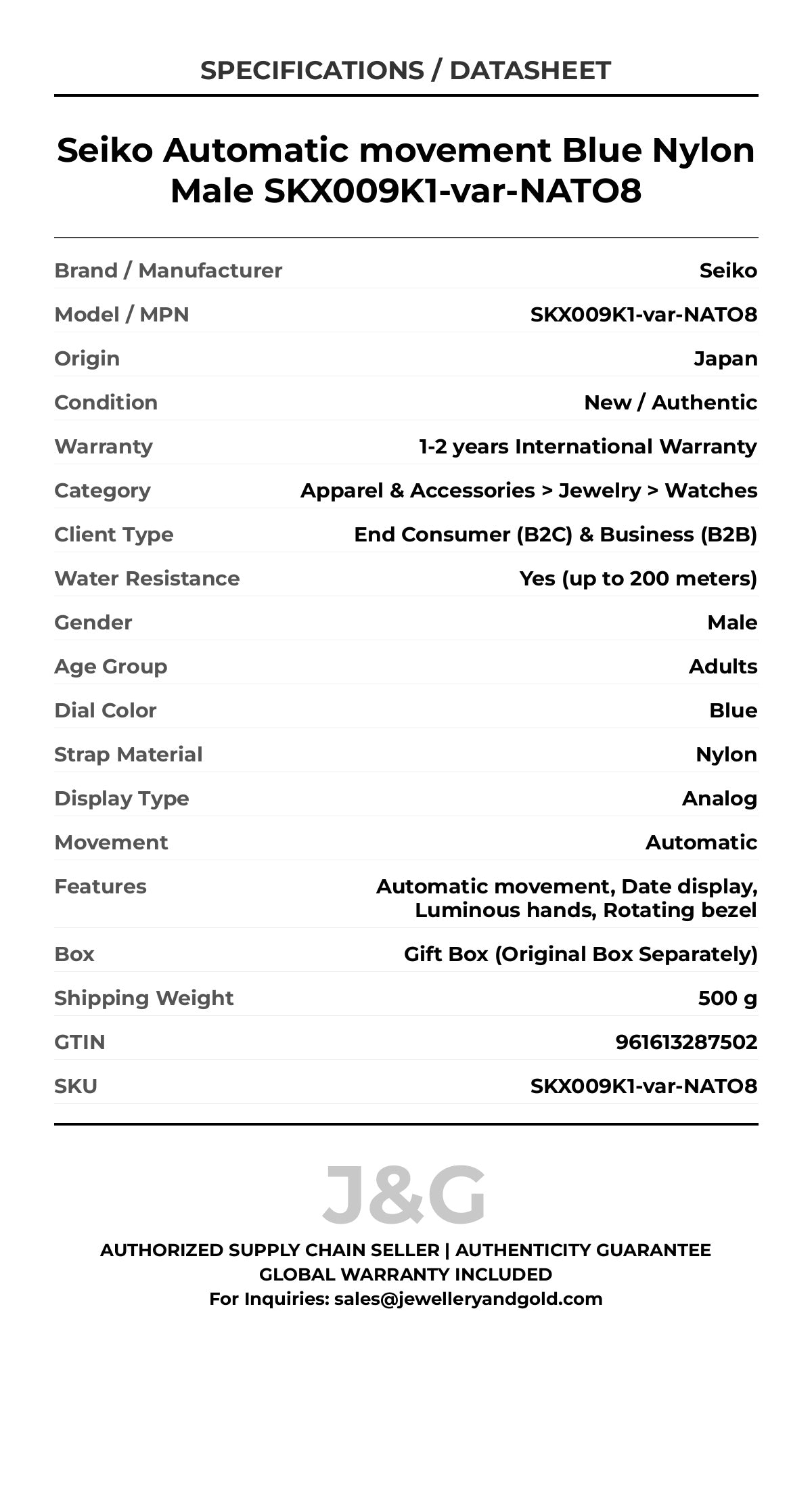 Seiko Automatic movement Blue Nylon Male SKX009K1-var-NATO8 - Specifications