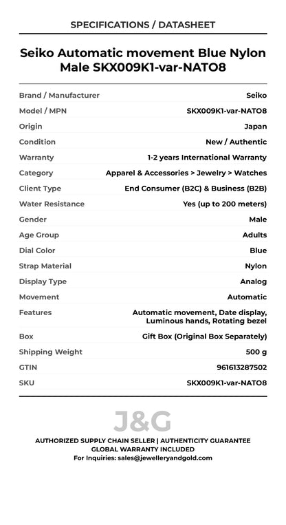 Seiko Automatic movement Blue Nylon Male SKX009K1-var-NATO8 - Specifications