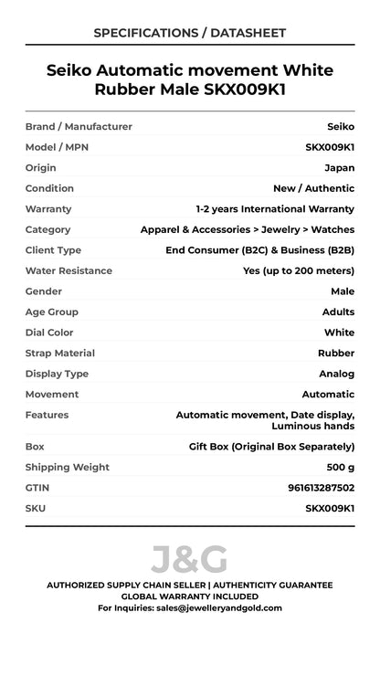 Seiko Automatic movement White Rubber Male SKX009K1 - Specifications