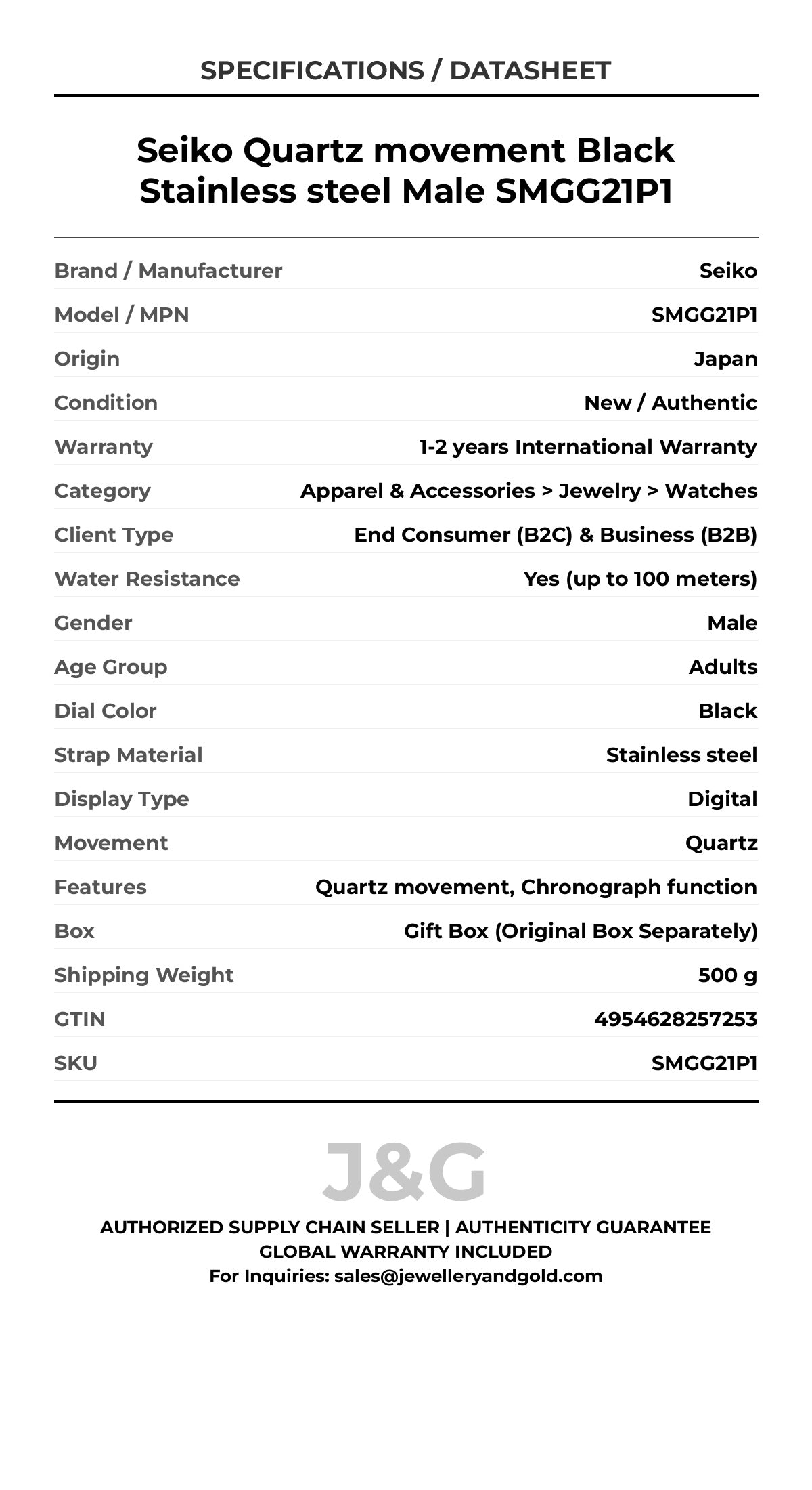 Seiko Quartz movement Black Stainless steel Male SMGG21P1 - Specifications