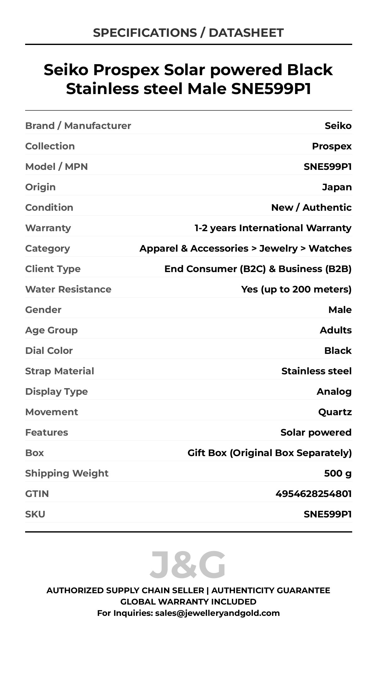 Seiko Prospex Solar powered Black Stainless steel Male SNE599P1 - Specifications