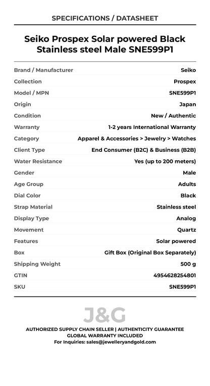 Seiko Prospex Solar powered Black Stainless steel Male SNE599P1 - Specifications