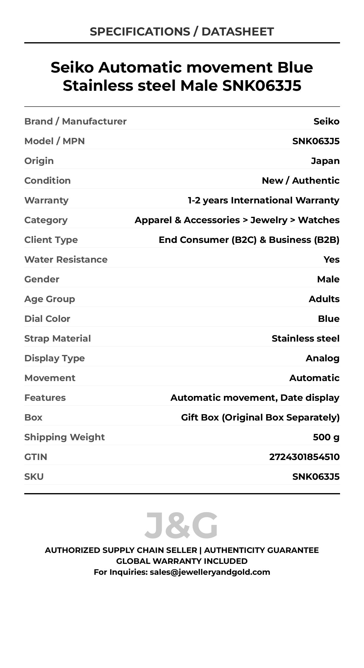 Seiko Automatic movement Blue Stainless steel Male SNK063J5 - Specifications