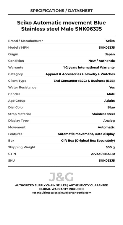 Seiko Automatic movement Blue Stainless steel Male SNK063J5 - Specifications