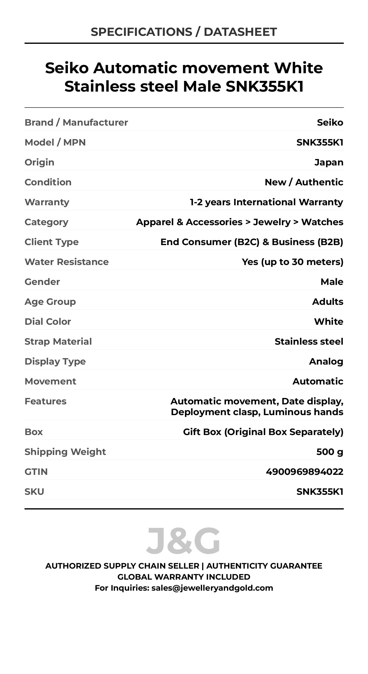 Seiko Automatic movement White Stainless steel Male SNK355K1 - Specifications