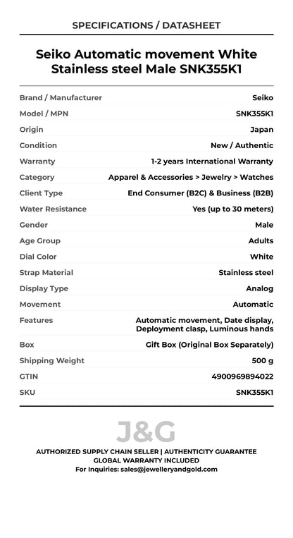 Seiko Automatic movement White Stainless steel Male SNK355K1 - Specifications