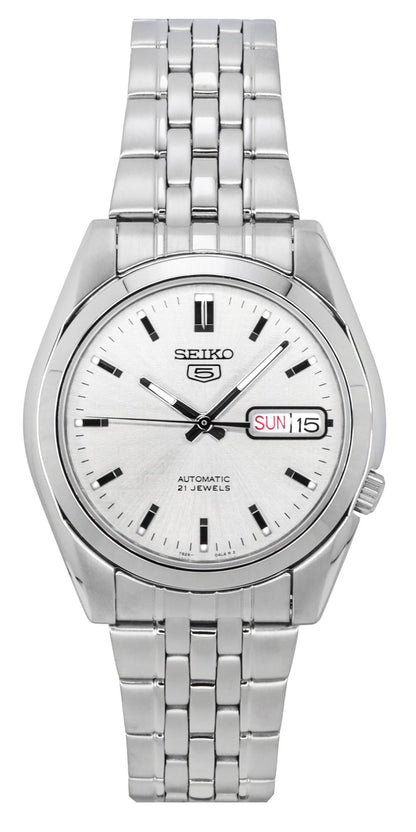 Seiko Automatic movement White Stainless steel Male SNK355K1. A brand-new Seiko watch featuring a White dial and a Stainless steel strap. Side view.