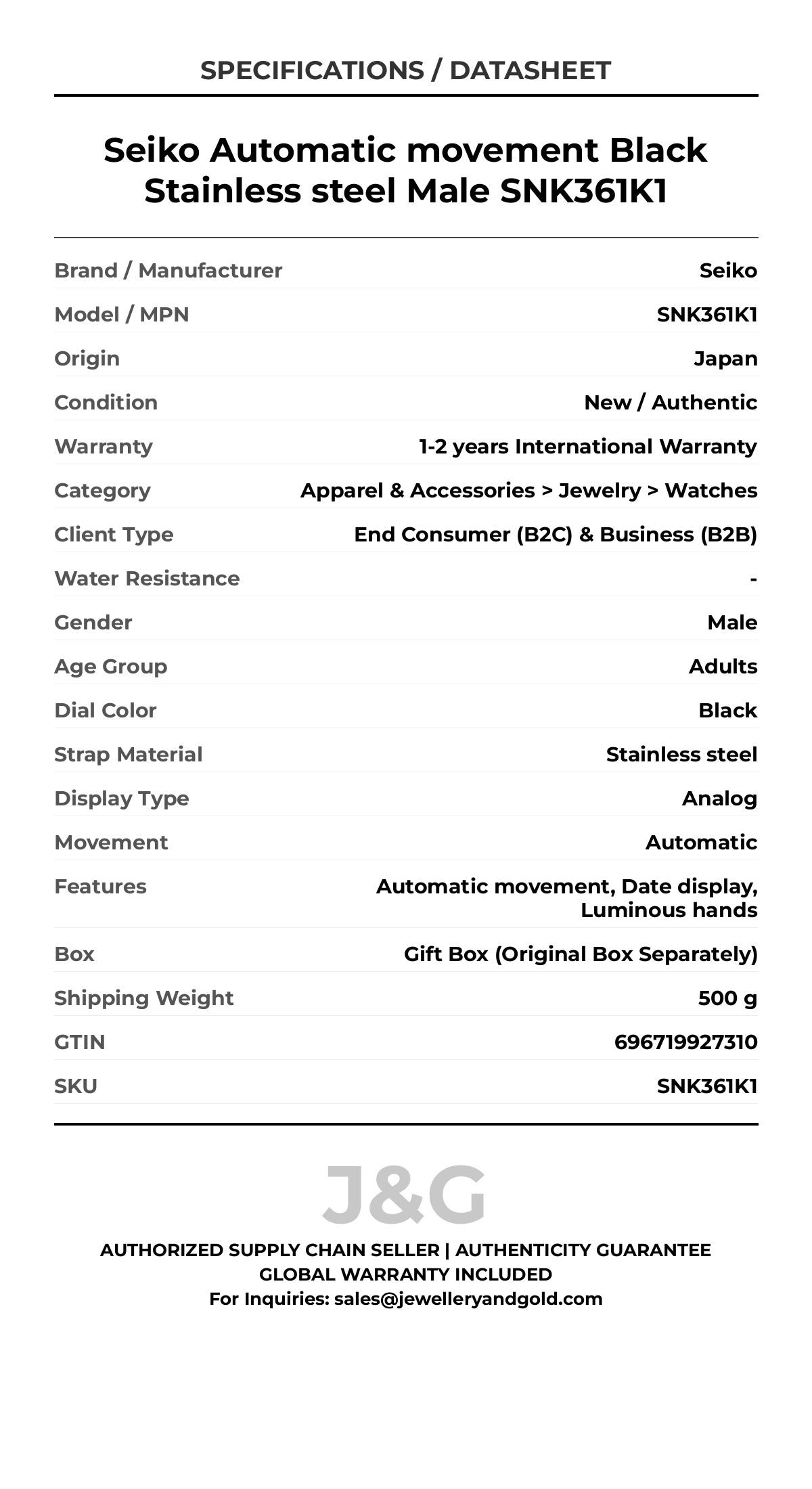 Seiko Automatic movement Black Stainless steel Male SNK361K1 - Specifications