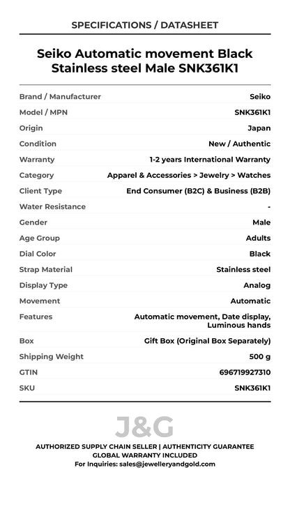 Seiko Automatic movement Black Stainless steel Male SNK361K1 - Specifications