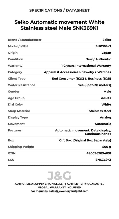 Seiko Automatic movement White Stainless steel Male SNK369K1 - Specifications
