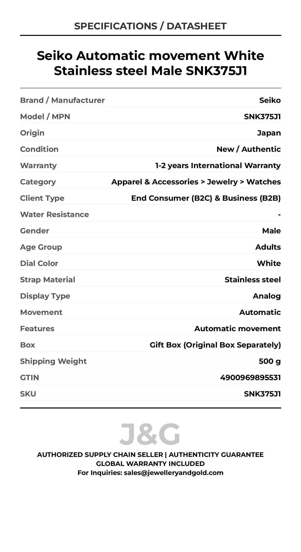 Seiko Automatic movement White Stainless steel Male SNK375J1 - Specifications