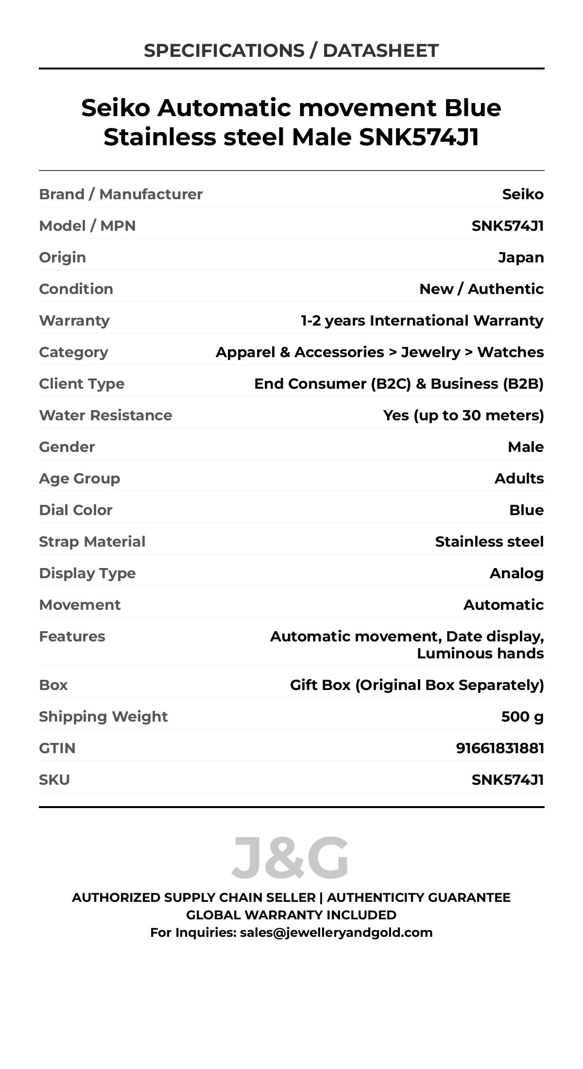 Seiko Automatic movement Blue Stainless steel Male SNK574J1 - Specifications