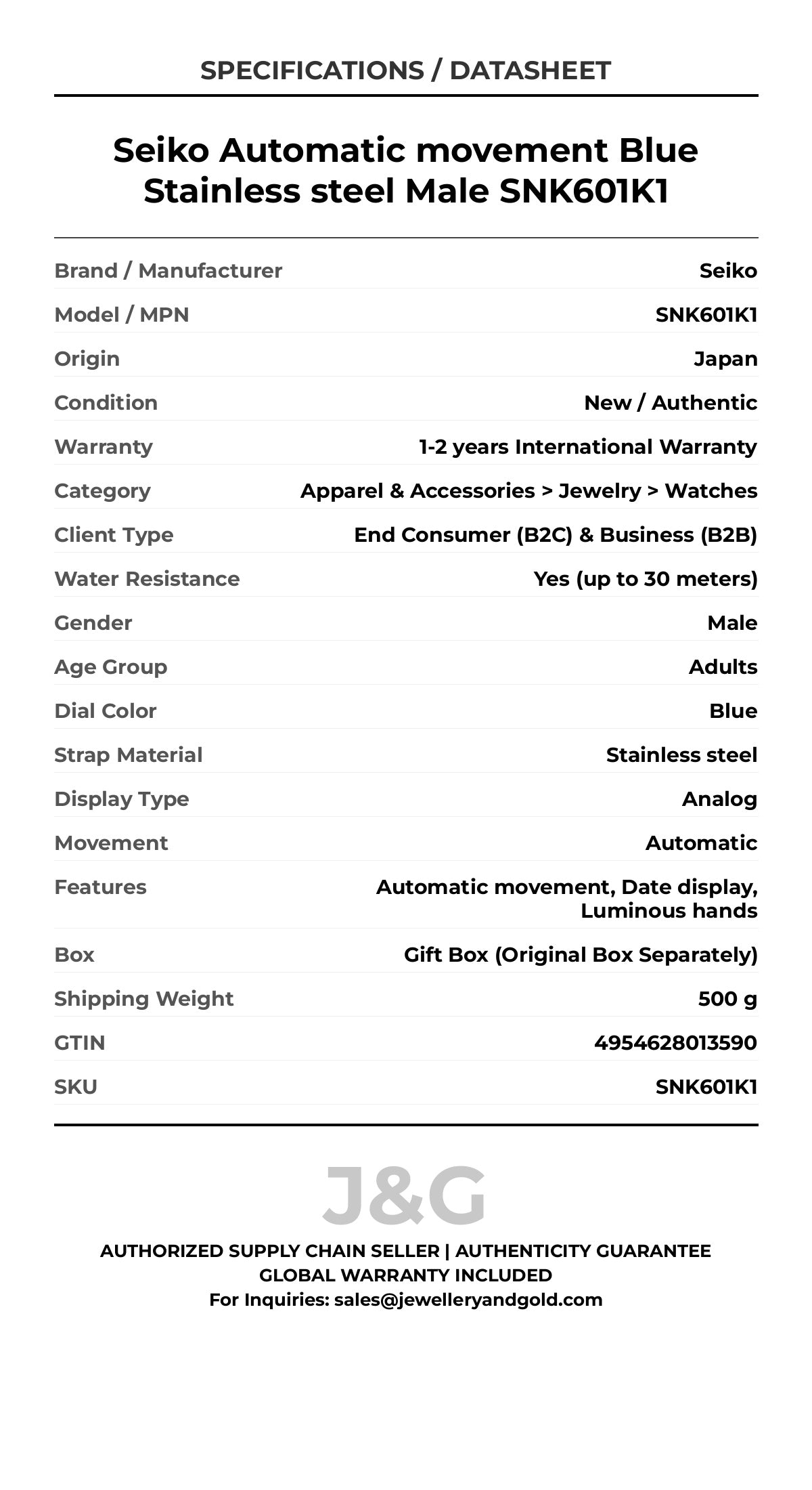 Seiko Automatic movement Blue Stainless steel Male SNK601K1 - Specifications