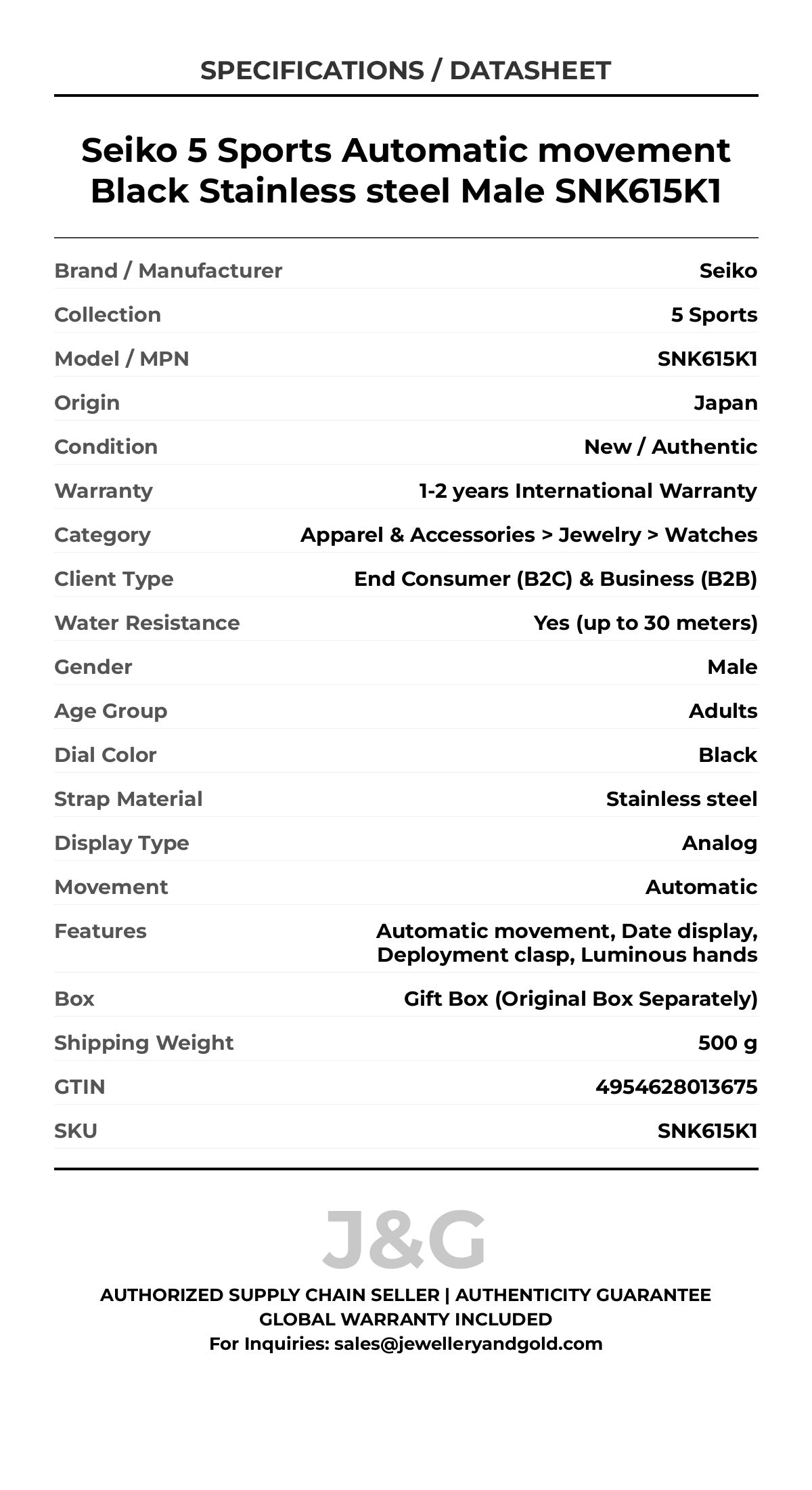 Seiko 5 Sports Automatic movement Black Stainless steel Male SNK615K1 - Specifications