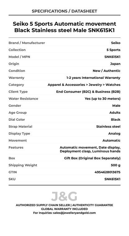Seiko 5 Sports Automatic movement Black Stainless steel Male SNK615K1 - Specifications