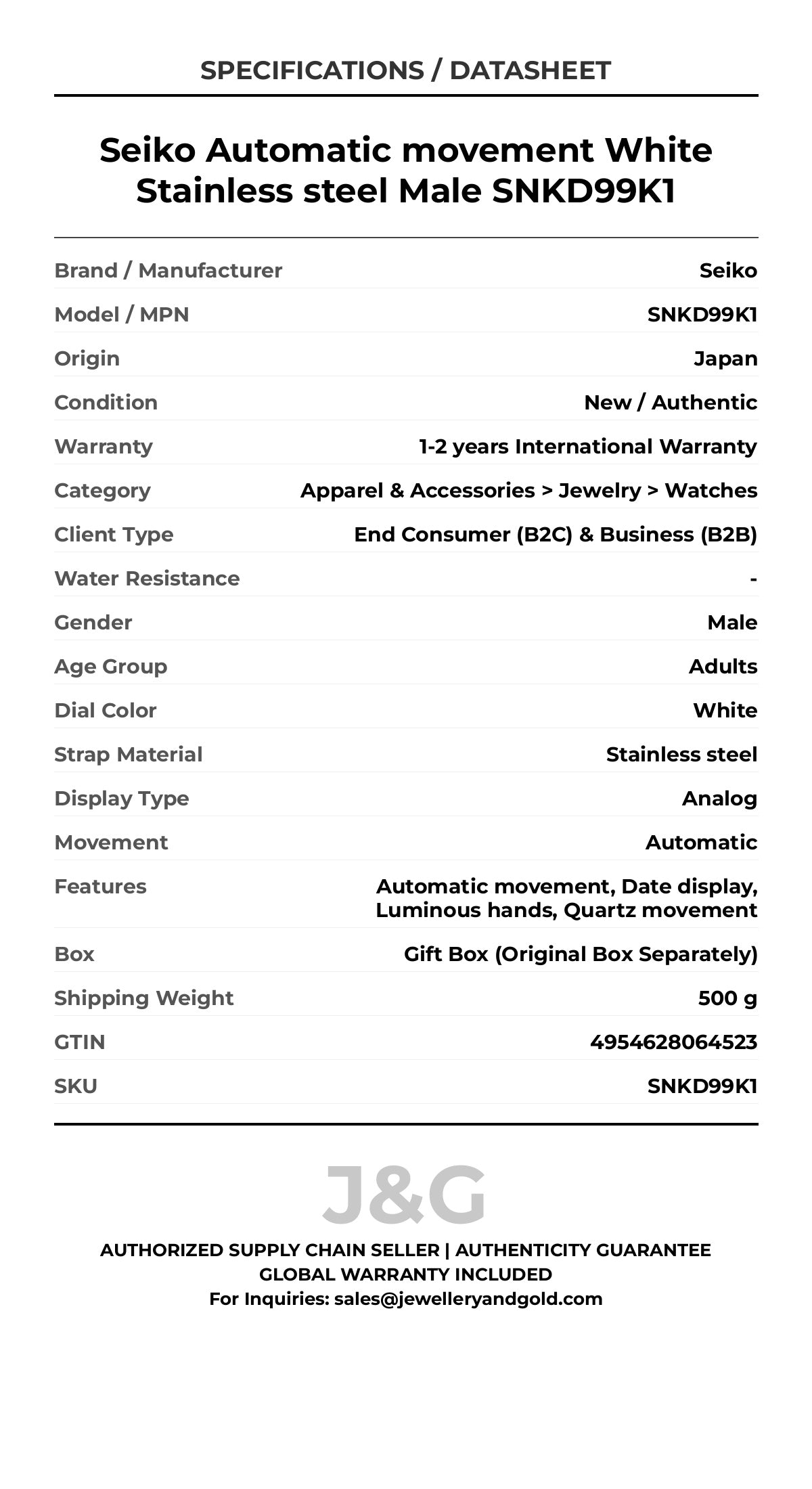 Seiko Automatic movement White Stainless steel Male SNKD99K1 - Specifications