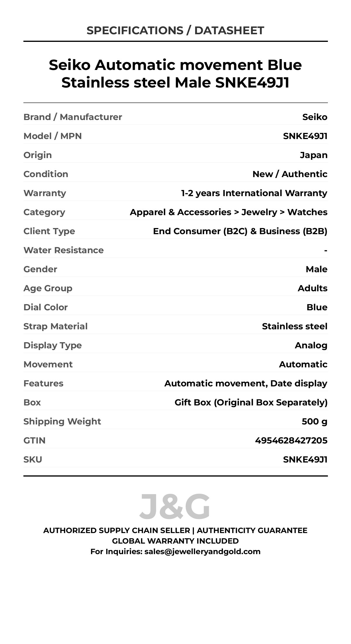 Seiko Automatic movement Blue Stainless steel Male SNKE49J1 - Specifications