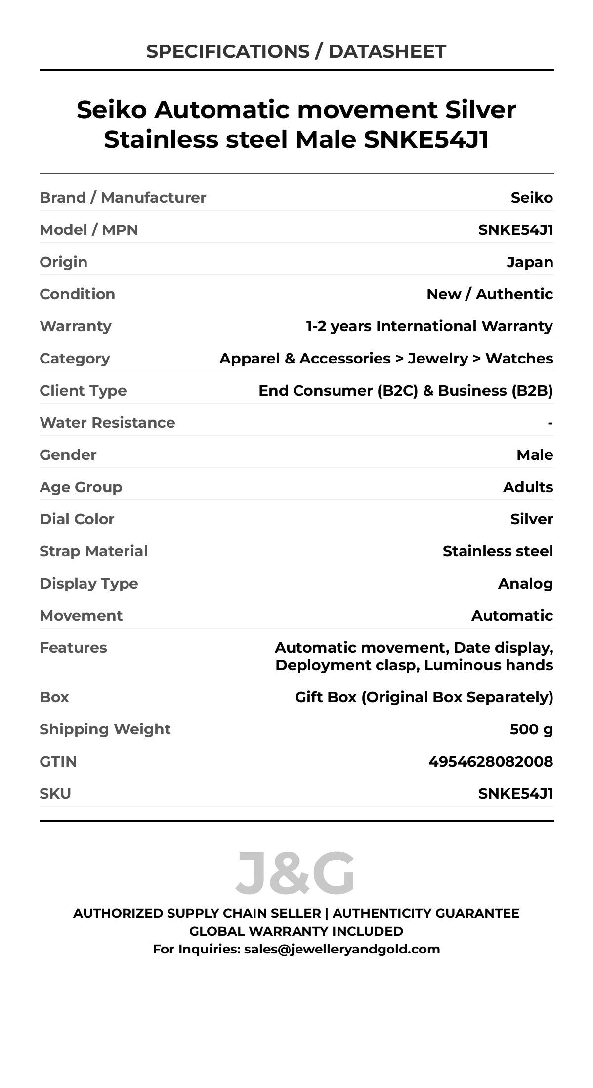 Seiko Automatic movement Silver Stainless steel Male SNKE54J1 - Specifications