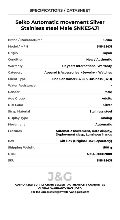 Seiko Automatic movement Silver Stainless steel Male SNKE54J1 - Specifications