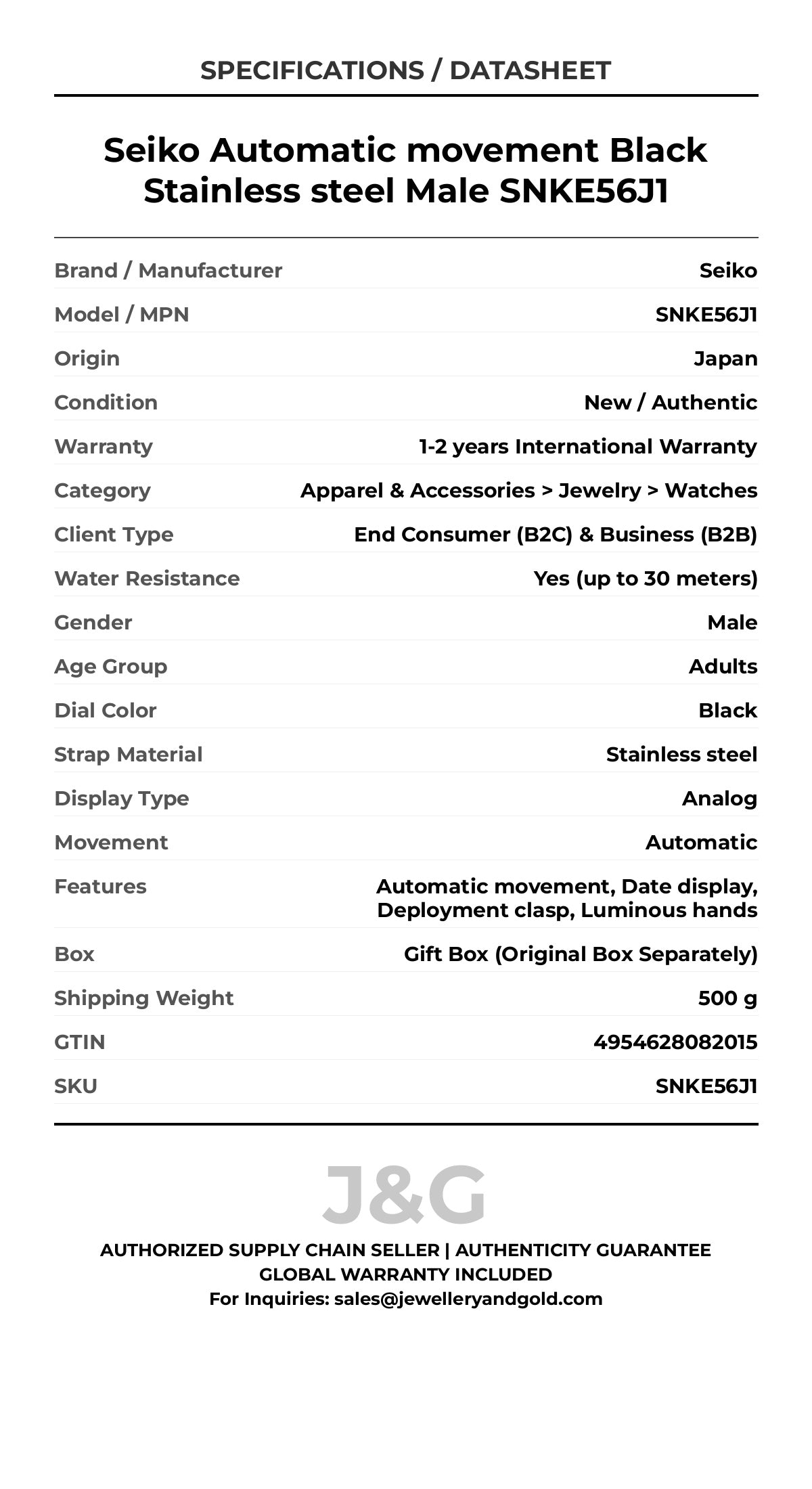 Seiko Automatic movement Black Stainless steel Male SNKE56J1 - Specifications