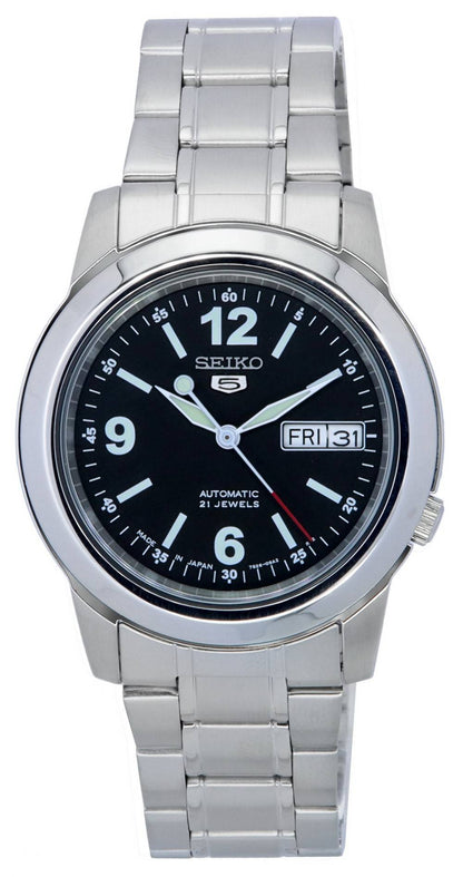 Seiko Automatic movement Black Stainless steel Male SNKE63J1. A brand-new Seiko watch featuring a Black dial and a Stainless steel strap. Front view.