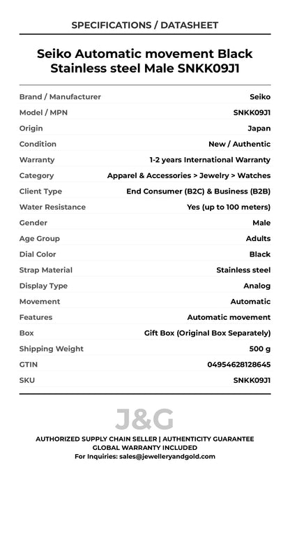 Seiko Automatic movement Black Stainless steel Male SNKK09J1 - Specifications