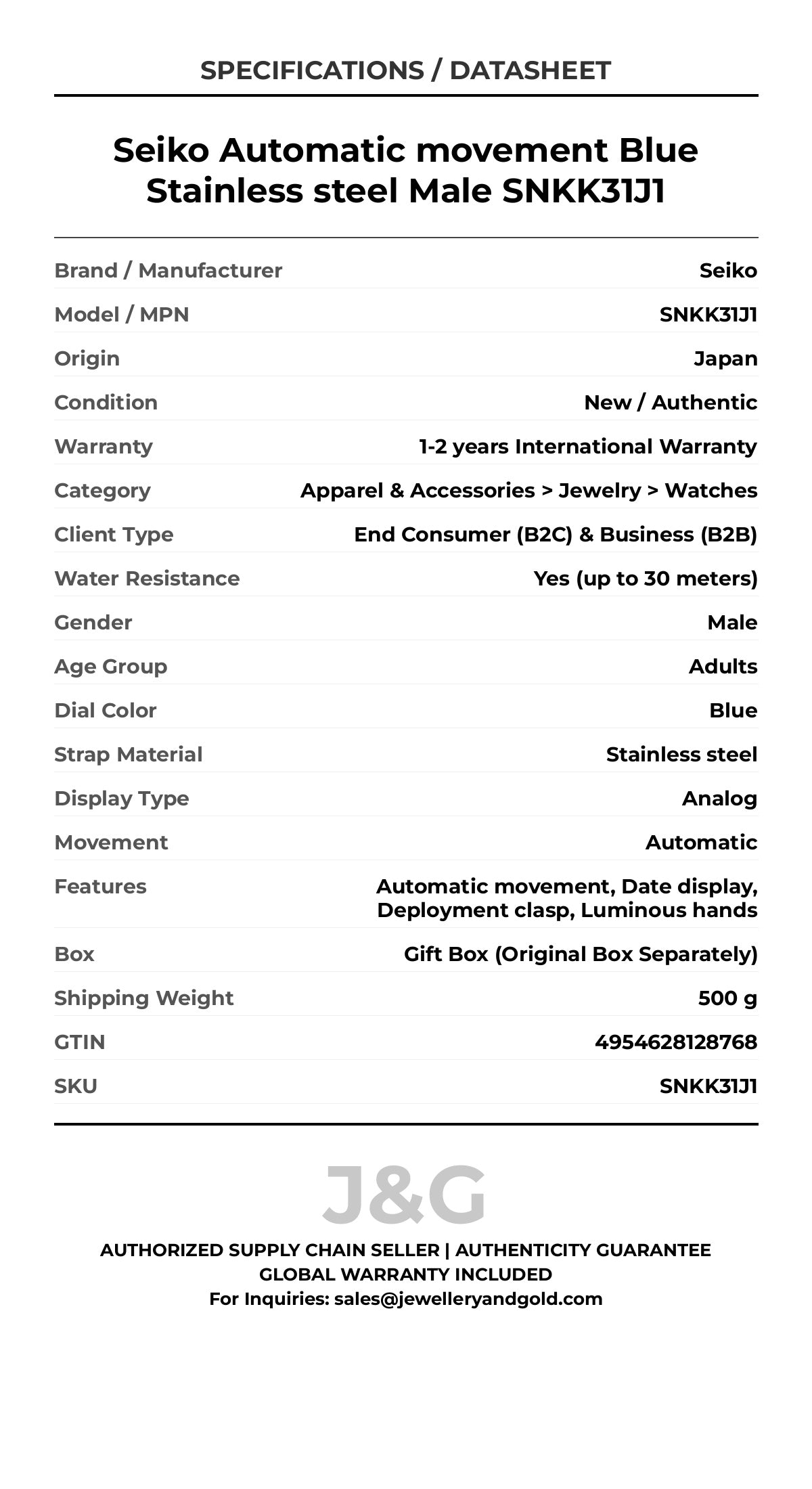 Seiko Automatic movement Blue Stainless steel Male SNKK31J1 - Specifications