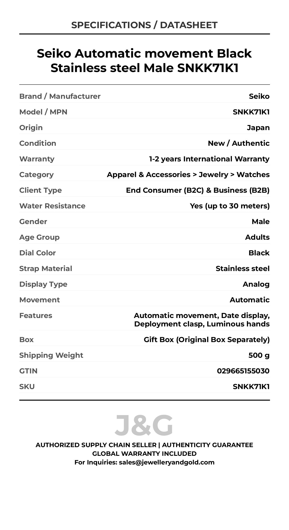 Seiko Automatic movement Black Stainless steel Male SNKK71K1 - Specifications