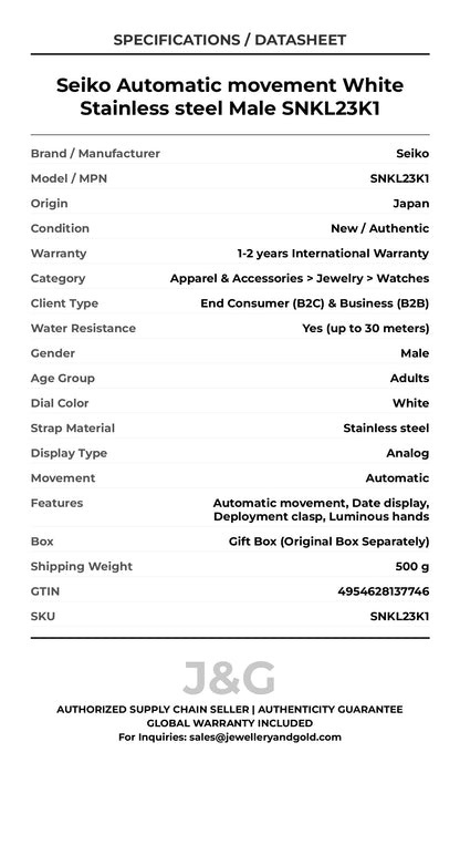 Seiko Automatic movement White Stainless steel Male SNKL23K1 - Specifications